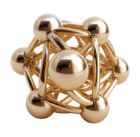 Golden molecular structure representation transparent image. Interconnected spheres and rods isolated cutout 3d render. Nanotechnology, chemistry cut out clipart design element png