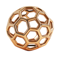 Futuristic golden buckyball structure transparent image. Hexagonal and pentagonal shapes isolated cutout 3d render. Quantum science. Abstract geometry cut out clipart design element png