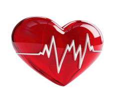 Glass red heart with white electrocardiogram line transparent image. Cardiac checkup pulse isolated cutout 3d render. Cardiovascular awareness cut out clipart design element png