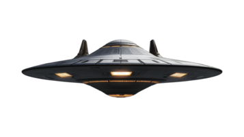Futuristic UFO spaceship with illuminated underside image isolated transparent. Advanced spacecraft cut out photo . Unidentified extraterrestrial object cutout element photography png