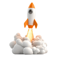 Cartoon rocket launch with smoke and fire transparent image. Space travel. Technology growth. Spaceship isolated cutout 3d render. Business startup cut out clipart design element png