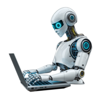 Humanoid robot working on laptop transparent image. Robotic assistant isolated cutout 3d render. Smart technology workspace, intelligent machine cut out clipart design character png