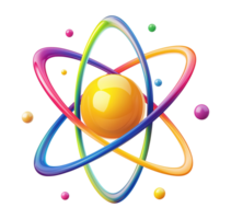 Colorful atomic structure with electron orbits transparent image. Physics, quantum mechanics symbol isolated cutout 3d render. Molecular science cut out clipart design element png