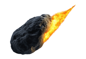 Massive meteor with fiery tail streaking through space image isolated transparent. Cosmic danger asteroid cut out photo . Celestial body. Comet rock cutout element object photography png