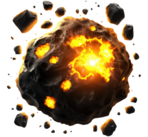Exploding asteroid in deep space image isolated transparent. Fiery meteor breaking into multiple fragments cut out photo . Celestial body cutout element object photography png