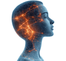 Digital neural network in female head image isolated transparent. Artificial intelligence, deep learning, human cognition cut out photo . Neurology physiology cutout photography png