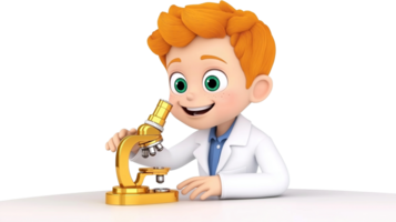 Curious young scientist boy in lab coat with microscope transparent image. Cartoon character isolated cutout 3d render. STEM education student kid cut out clipart design element png