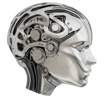 Futuristic mechanical human head with gears image isolated transparent. Machine intelligence cut out photo . Humanoid robot. Cybernetic engineering cutout element object photography png