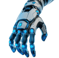 Advanced cybernetic robotic hand with blue neon image isolated transparent. Mechanical prosthetics cut out photo . Engineering robotics prosthesis cutout element object photography png