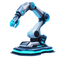 Futuristic robotic arm with blue neon image isolated transparent. Advanced automation machinery cut out photo . Industrial robotics in technology cutout element object photography png