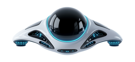 Futuristic white UFO with black dome image isolated transparent. Advanced spacecraft technology cut out photo . Unidentified extraterrestrial object cutout element photography png