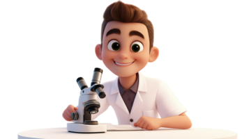 Cheerful young scientist with microscope transparent image. Curious boy in lab coat. Cartoon character isolated cutout 3d render. STEM education student kid cut out clipart png