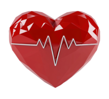 Polygonal red heart with ECG heartbeat line transparent image. Cardiology medicine pulse monitoring isolated cutout 3d render. Cardiovascular health cut out clipart design element png