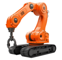 Heavy-duty orange robotic arm with tracks image isolated transparent. Construction, material handling, automated logistics cut out photo . Machinery cutout element object photography png