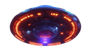 Glowing UFO with neon lights underside image isolated transparent. Advanced spacecraft cut out photo . Cosmic journey. Unidentified extraterrestrial object cutout element photography png