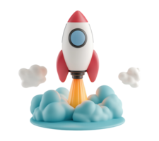 Rocket taking off into sky transparent image. Playful whimsical mission success. Cartoon spaceship isolated cutout 3d render. Business startup cut out clipart design element png
