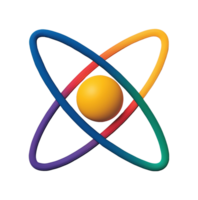 Colorful atomic model with electron orbits transparent image. Physics, quantum mechanics. Educational isolated cutout 3d render. Molecular science cut out clipart design element png