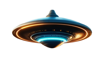 Glowing sci-fi UFO hovering in space image isolated transparent. Futuristic saucer. Advanced spacecraft. Unidentified extraterrestrial object cutout element photography png