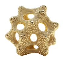 Geometric gold nanostructure with perforated surface transparent image. Golden component with perforations isolated cutout 3d render. Nanotech cut out clipart design element png