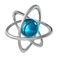 Metallic atom model with blue core transparent image. Physics, quantum mechanics. Electron orbit isolated cutout 3d render. Molecular science cut out clipart design element png