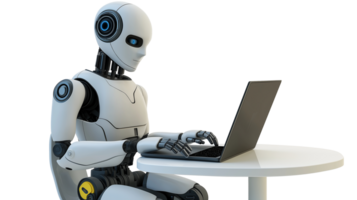 Advanced AI robot using laptop at desk transparent image. Robotic assistant isolated cutout 3d render. Futuristic workspace, intelligent machine cut out clipart design character png