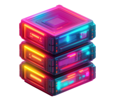 Cyberpunk neon data storage servers with glowing circuits image isolated transparent. Advanced processing technology. Cyber security cutout element object photography png