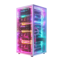 Neon-lit high-tech server rack image isolated transparent. Futuristic glowing digital infrastructure. Advanced data processing cutout element object photography png