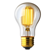 Golden base LED Edison bulb with warm light image isolated transparent. Glowing filament lightbulb. Vintage energy nostalgic lighting cutout element object photography png