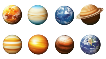 Realistic 3D planetary models in space image set isolated transparent. Earth, Saturn, gas giants. Celestial objects cut outs collection. Astronomy. Science cutouts elements png