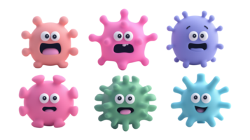 Expressive funny viruses characters transparent image set. Emotional microbes isolated cutouts 3d render. Microbiology, virology cut outs cliparts design elements collection png
