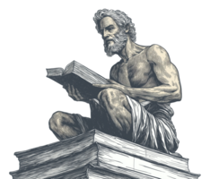 Vintage engraved philosopher reading on books stack transparent image. Elderly classical thinker with muscular physique isolated cutout. Ancient man cut out clipart design character png