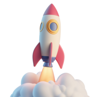 Whimsical rocket blastoff with thick clouds transparent image. Space exploration. Cartoon spaceship isolated cutout 3d render. Business startup cut out clipart design element png