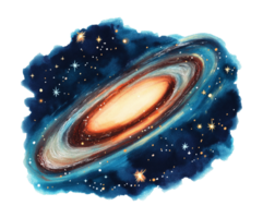 Watercolor galaxy with luminous core transparent image. Swirling star clusters and deep cosmic dust isolated cutout. Mystical universe. Space vortex cut out clipart design element png