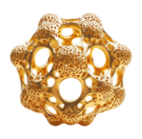 Gold nanostructure with perforated surface and organic design transparent image. Fractal geometry isolated cutout 3d render. Futuristic molecular cut out clipart design element png