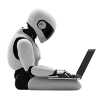 Modern humanoid robot typing on laptop transparent image. Robotic assistant isolated cutout 3d render. Futuristic workspace, intelligent machine cut out clipart design character png