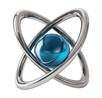 Abstract metallic atom representation transparent image. Physics, quantum mechanics. Electron orbit isolated cutout 3d render. Molecular science cut out clipart design element png