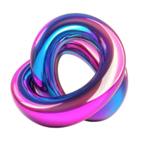 Futuristic twisted metallic ring with neon glow transparent image. Abstract sculpture reflective surface isolated cutout 3d render. Cyber aesthetic cut out clipart design element png