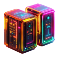 Neon AI data servers with vibrant neon lights image isolated transparent. Cyber security, high-speed computing cut out. Smart database cutout element object photography png