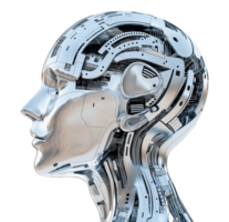 Futuristic cybernetic human head with mechanical components image isolated transparent. Machine intelligence cut out. Robotics engineering cutout element object photography png