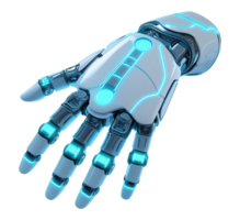 Futuristic cybernetic hand with blue neon and mechanical joints image isolated transparent, . Prosthetics cut out . Advanced robotics prosthesis cutout element object photography png
