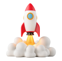 Colorful cartoon rocket launching with smoke transparent image, . Innovation start up blastoff. Spaceship isolated cutout 3d render. Business startup cut out clipart design element png
