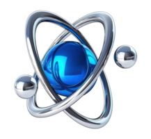 Metallic atom model with electron orbits transparent image, . Physics, quantum mechanics. Symbol isolated cutout 3d render. Molecular science cut out clipart design element png
