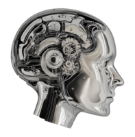 Robotic human head with mechanical gears image isolated transparent, . Artificial mind. Machine intelligence cut out . Cybernetic engineering cutout element object photography png