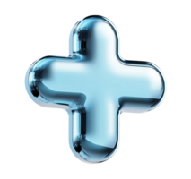 Futuristic blue chrome plus symbol with reflective transparent image, . Innovation. First aid emergency sign isolated cutout 3d render. Medical logo cut out clipart design element png