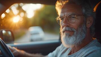 Executive in a car, working with laptop on the go, preparing for the workday ahead photo