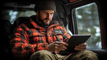 Professional working with a tablet and notepad in the backseat of a taxi, preparing for a busy day photo