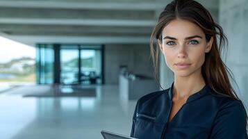 Female executive reviewing data on a tablet while brainstorming in an open, modern workspace photo
