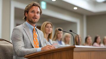 Coach presenting business strategy before a focused audience, energetic lecture with visual aids in modern conference room photo