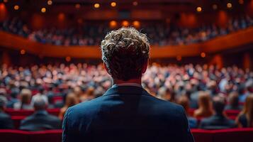 Professional seminar with corporate trainer presenting key insights to engaged employees in lecture format photo