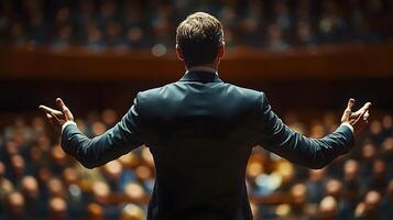 Professional coach leading engaging business lecture for a group of employees in a modern conference setting photo